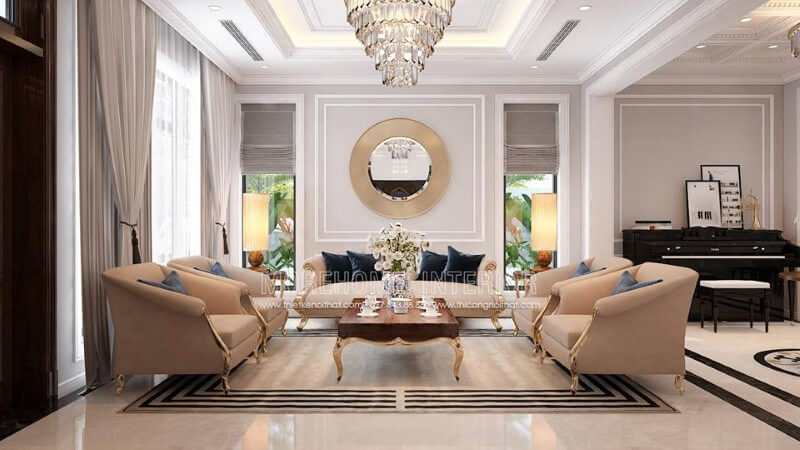 Bộ bàn ghế sofa tân cổ điển mạ vàng gam màu trắng sữa nhẹ nhàng nhưng lại tạo điểm nhấn đẹp, sang trọng cho phòng khách. Mẫu thiết kế nội thất biệt thự đẹp