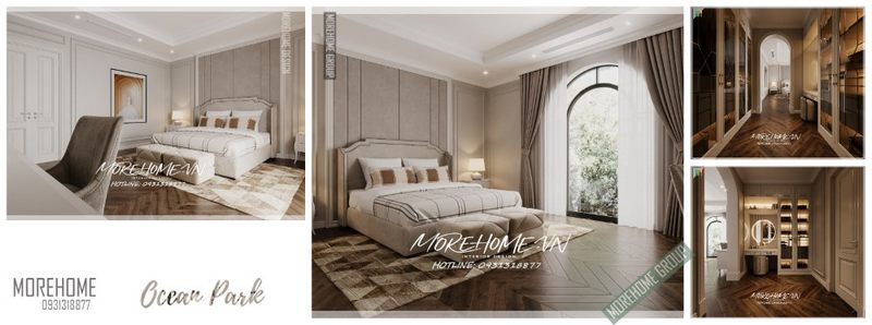 Giường ngủ phòng master được thiết kế với đầu giường bọc nỉ màu xám êm ái, khung giường gỗ tự nhiên kết hợp nỉ sang trọng