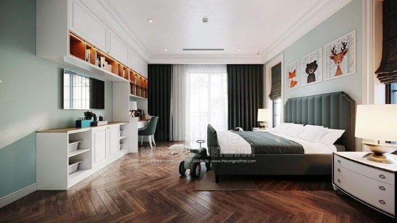 Bàn học liền kệ tivi, kệ trang trí đẹp cho phòng bé trai.
