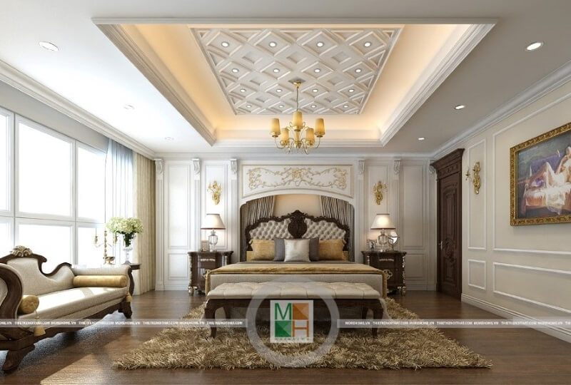 Mẫu thiết kế phòng ngủ chung cư tân cổ điển với đồ nội thất gỗ tự nhiên mang đến cảm giác như một căn phòng ngủ hoàng gia đầy đẳng cấp