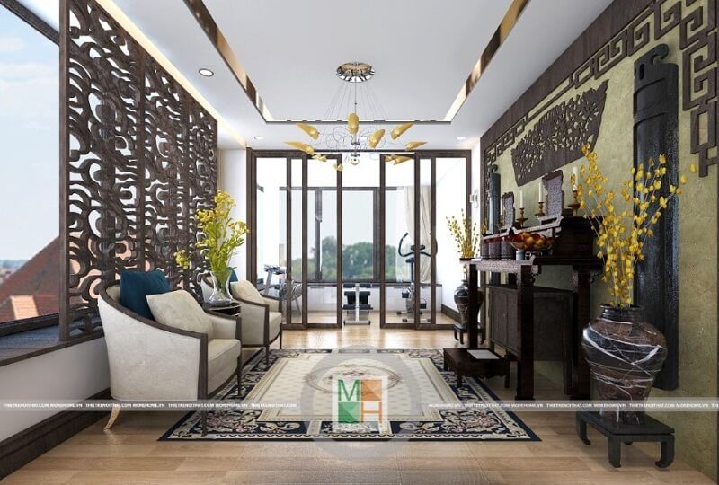 Trang trí nội thất phòng thờ trang nhã sử dụng đồ nội thất cao cấp kết hợp tấm ngăn bằng gỗ để tránh ánh sáng trực tiếp, đảm bảo tính phong thủy và thẩm mỹ cho cả căn nhà.