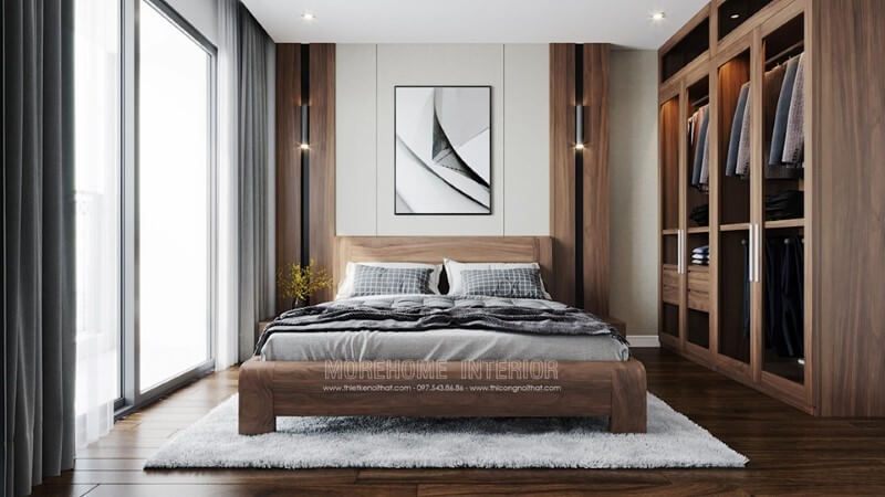 Thiết kế tủ quần áo gỗ óc chó 4 cánh kết hợp kính hiện đại đẹp tinh tế cho nhà chung cư tại hà nội