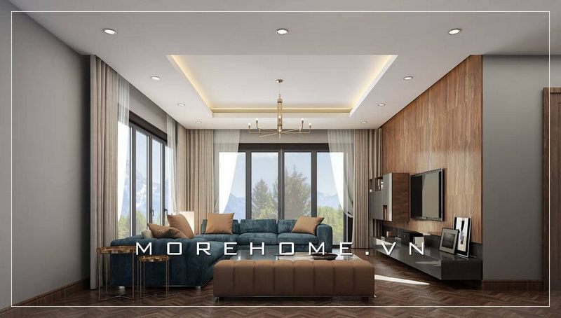 Bộ sofa hiện đại kiểu dáng góc tiện lợi nổi bật với sắc xanh từ vỏ bọc nhung mềm mại cho không gian phòng khách biệt thự, nhà phố thêm tiện nghi đầy sức sống.