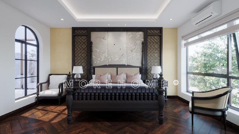 Lớp tường được biến hóa không bị thô cứng khi kiến trúc sư lựa chọ thiết kế ốp gỗ và giấy dán tường hoa văn hiện đại