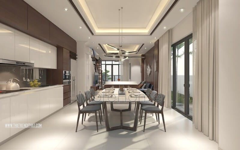 Nội thất phòng ăn biệt thự hiện đại độc đáo này mang đến sự tươi mới cho gia đình bạn. Nếu đang có ý định sở hữu cho mình phòng ăn liền bếp đẹp mê ly thì đừng bỏ qua mẫu thiết kế này nhé