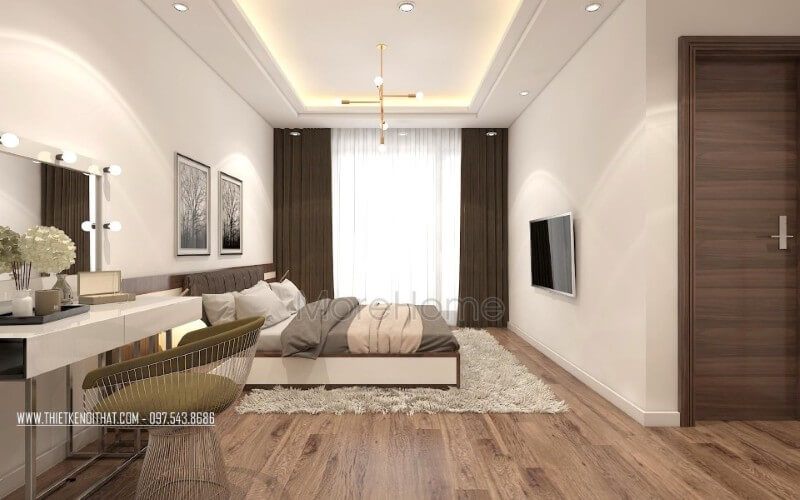 Nội thất phòng ngủ chung cư đẹp gỗ công nghiệp, bạn cũng nên chọn những đồ nội thất với màu sắc nhẹ nhàng, êm dịu để có một giấc ngủ sâu và tuyệt vời