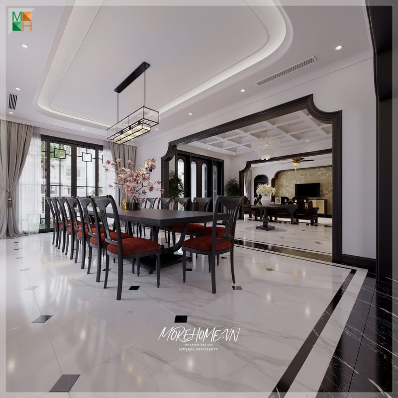 Mẫu thiết kế bàn ăn mang phong cách thiết kế Indochine đẹp, sang trọng là 1 gợi ý tuyệt vời dành cho không gian sống của gia đình.